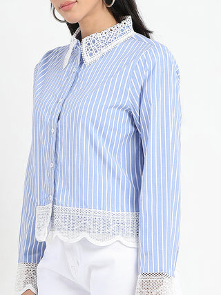 Madame Lace Detailed Cotton Blend Striped Blue Shirt