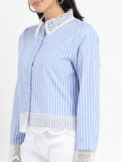 Madame Lace Detailed Cotton Blend Striped Blue Shirt