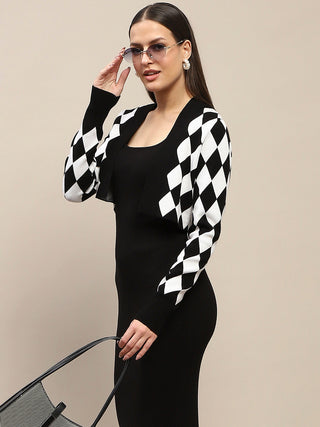 Madame Geometric Print Shrug and Solid Dress Black Ensemble