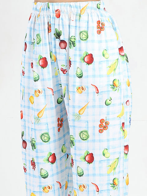 mSECRET Graphic Print Chequered Top and Bottoms Blue Nightsuit