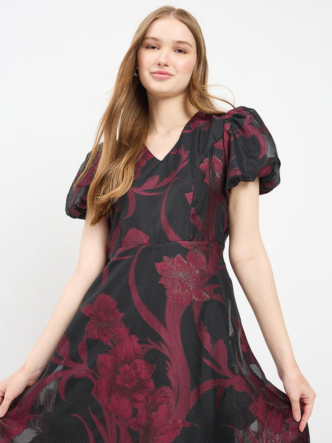 Madame Textured Burgundy Flared Dress