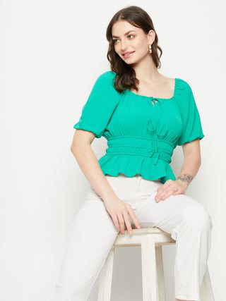 Madame Ruched Waist Tie-Front Green Peplum Top