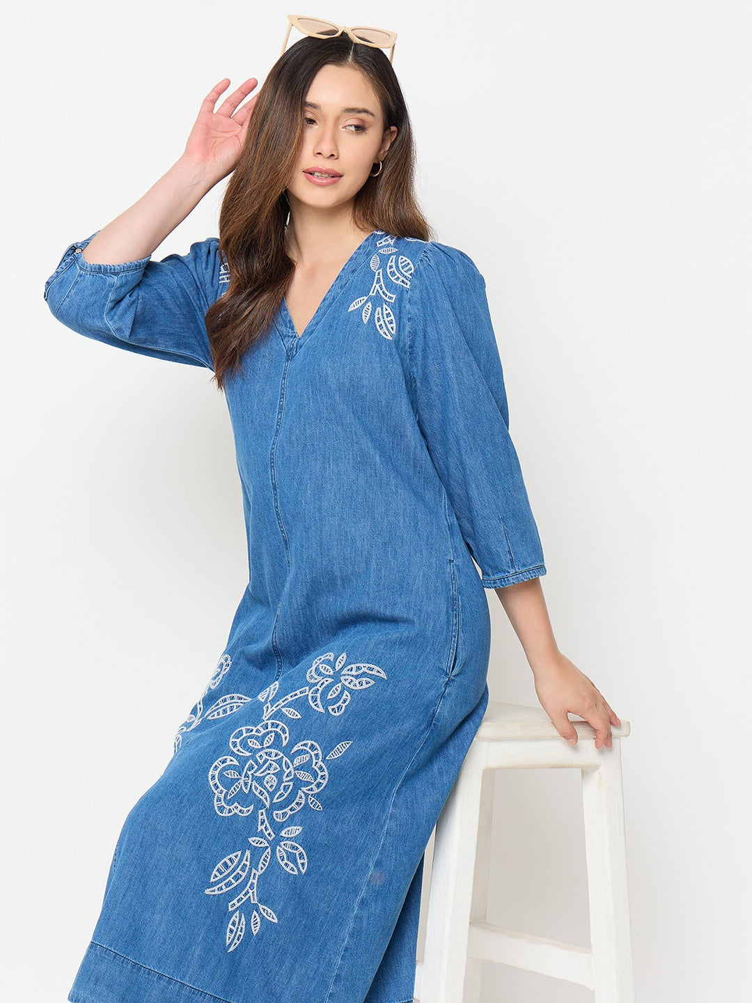 Madame Blue Embroidered Denim Dress