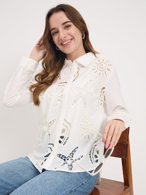 Madame White Cutwork Cotton Full Sleeve Shirt