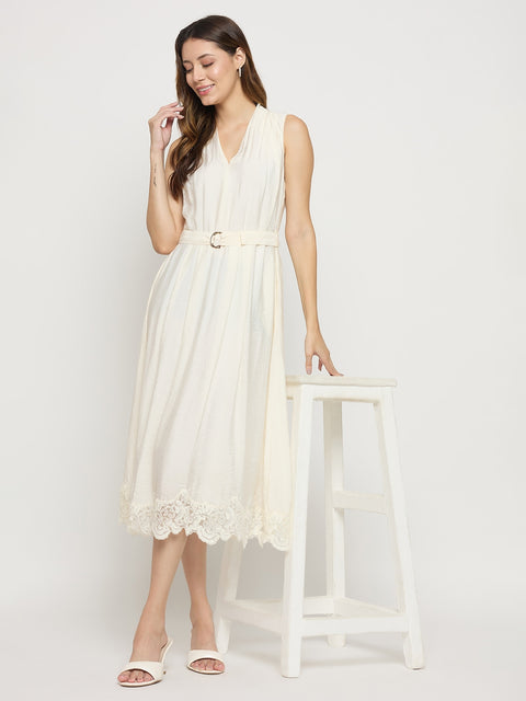 Madame Off White Viscose Mandarin Collar Midi Dress
