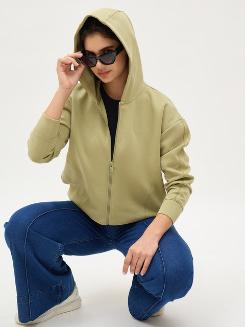 Madame Sea Green Embroidered Zipper Hoodie