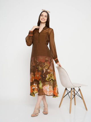 Madame Floral Print Chocolate Brown Midi Dress