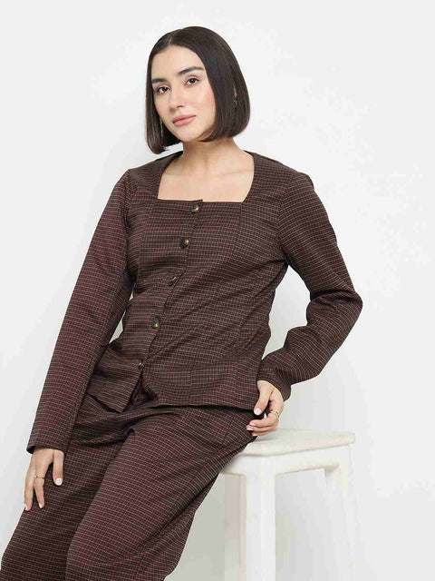 Madame Solid Button Down Brown Top
