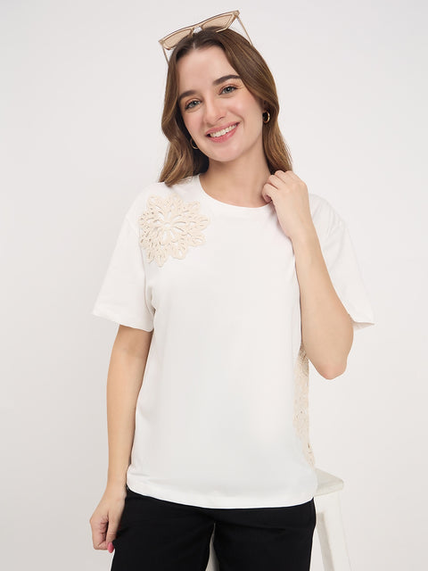 Madame Off White Embroidered Cotton Round Neck T-Shirt