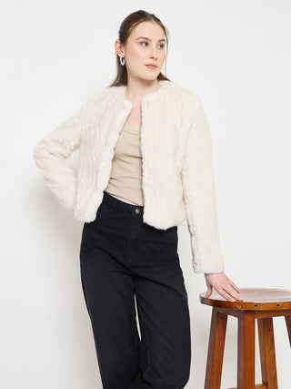 Madame Off White Round Neck Pearl Embellished Blazer