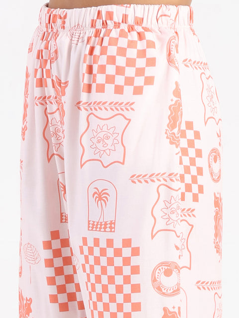 mSECRET Geometric Print Top and Bottoms Coral Pink Nightsuit