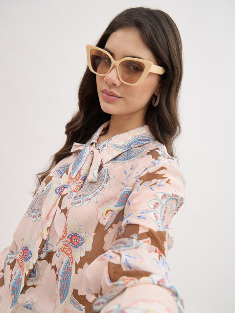 Madame Pink Paisley Print Shirt With Neck Tie