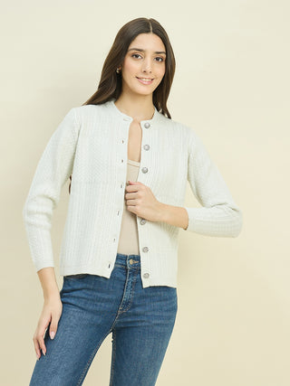Madame Off White Round Neck Cardigan with Buttons