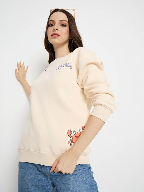 Madame Graphic Print Cotton Blend Cream Pullover Sweatshirt
