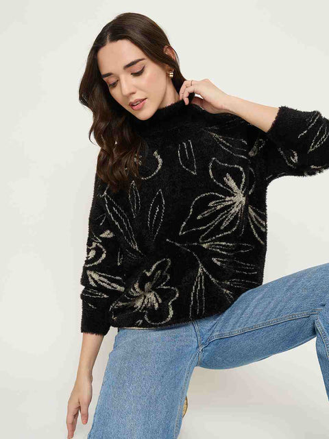 Madame Floral Print High Neck Black Sweater