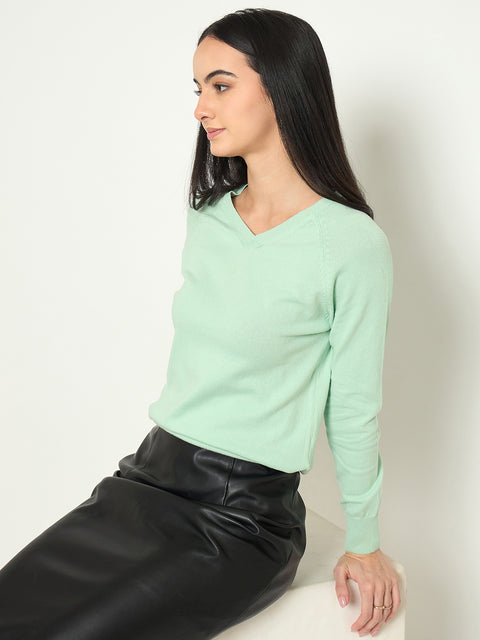 Madame V Neck Solid Green Sweater