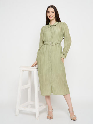 Madame Crushed Tissue Belted Moss Green Shirt Dress