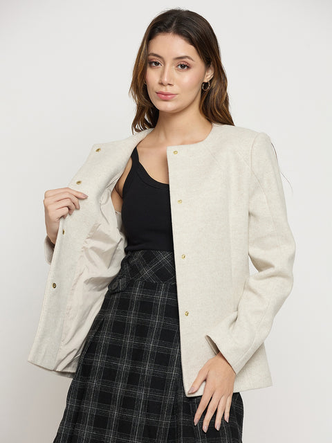 Madame Beige Round Neck Full Sleeve Short Coat
