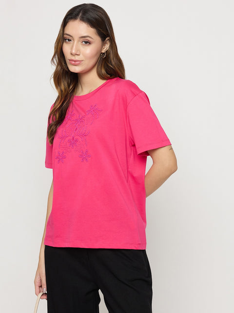 Madame Hot Pink Embroidered Cotton Round Neck T-Shirt