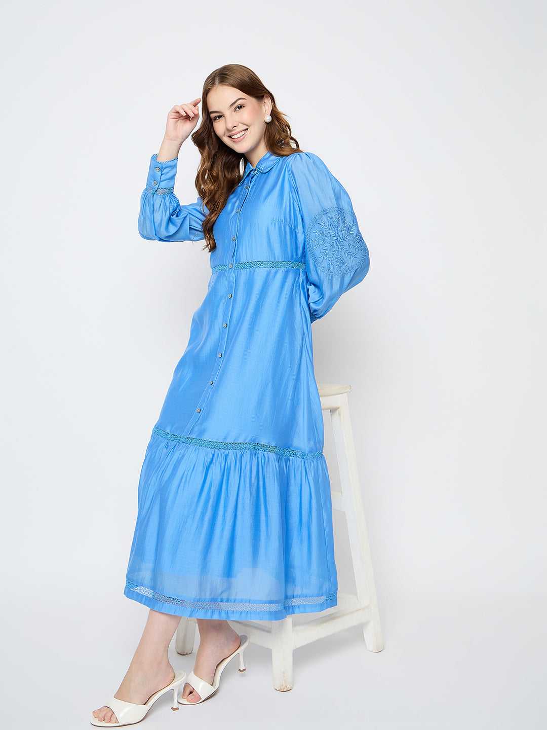Madame Tiered Cornflower Blue Shirt Dress Madame Tiered Cornflower Blue Shirt Dress