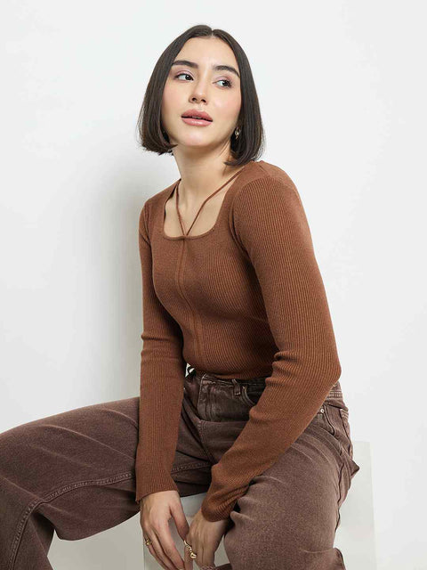 Madame Ribbed Knit Square Neck Coffee Brown Crop Top