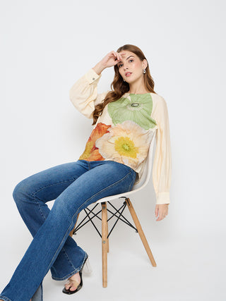 Madame Floral Print Rayon Blend Off White Top