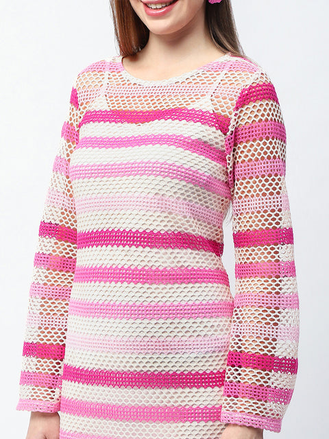 Madame Striped Crochet Knit Pink Sheath Midi Dress