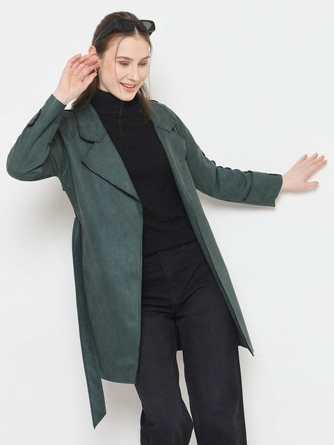 Madame Teal Trench Coat with Notched Lapel Neckline and Belt