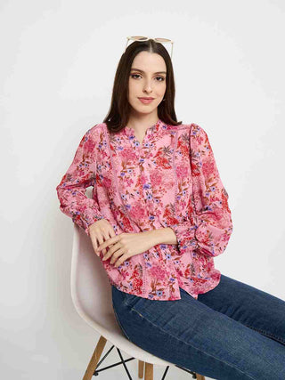 Madame Floral Print Lace Detailed Pink Top