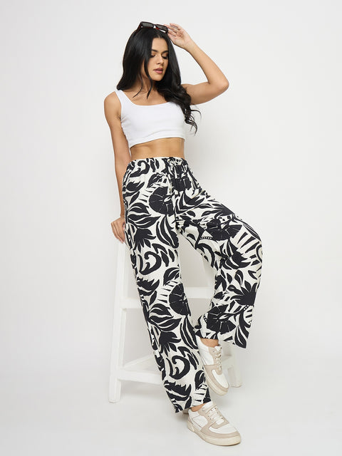Madame Abstract Print Black Rayon Palazzo Trousers