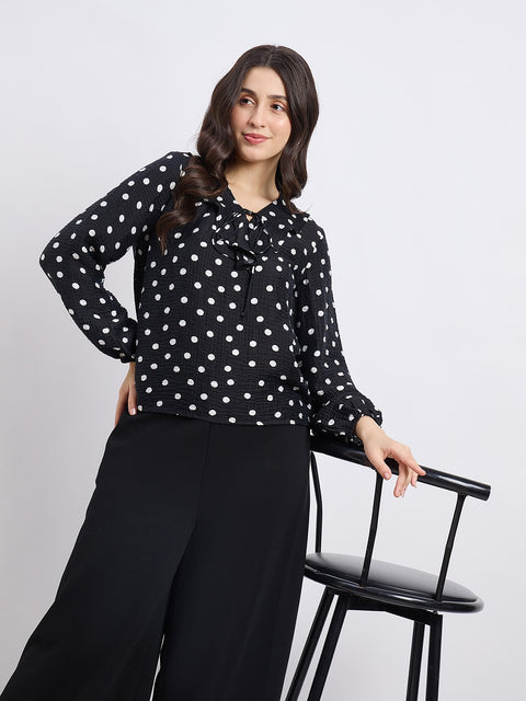 Madame Black Polka Dot Print Ruffle Collar Top