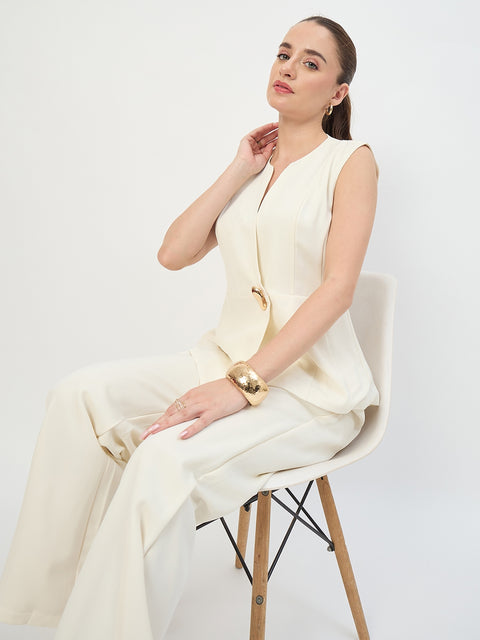 Madame Off White Sleeveless Round Neck Co-ord Set