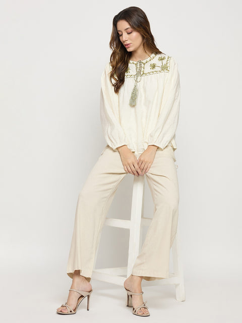 Madame Beige Rayon Linen Straight Fit Ankle Trousers