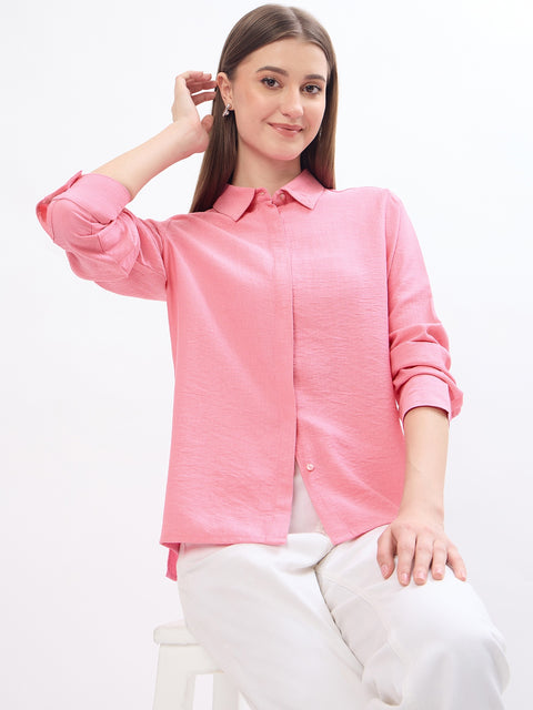 Madame Textured Pink Rayon Blend Shirt