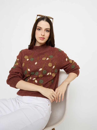 Madame Floral Embroidered Brown Pullover Sweater