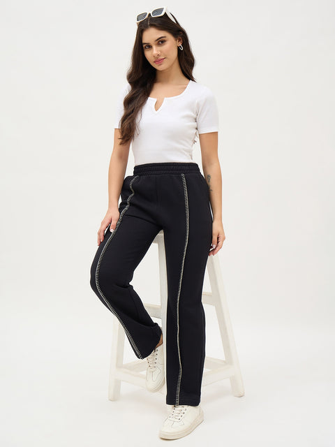Madame Black Fleece Track Pants With Contrast Stitch