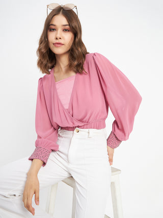 Madame Elasticated Hem Pink Wrap Crop Top