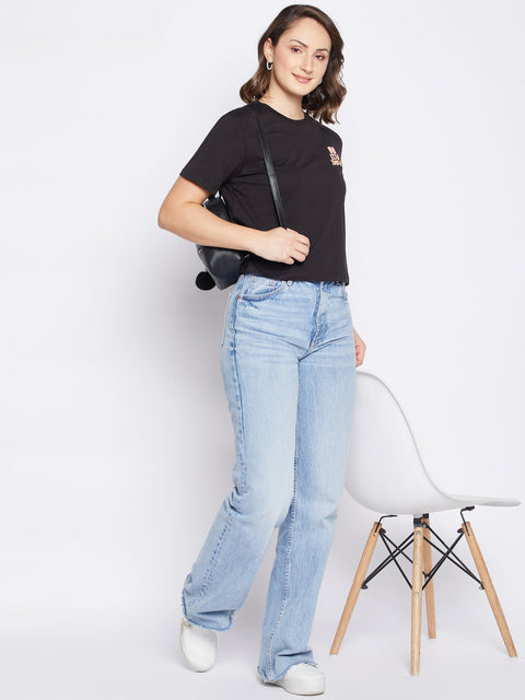 Madame Black Typography Round Neck Top