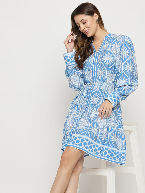Madame Blue Printed Rayon Mandarin Collar Midi Dress