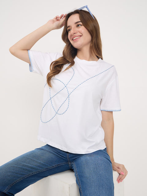 Madame White Embroidered Cotton Round Neck T-Shirt
