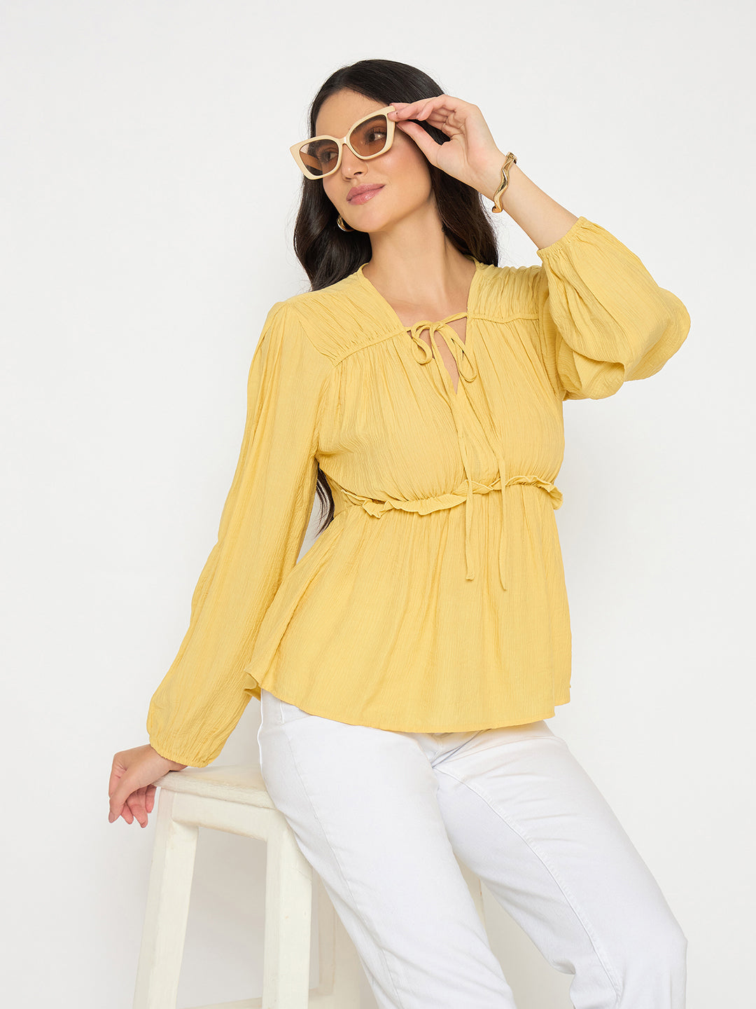 Madame Cinch Waist Yellow Peplum Top color swatch