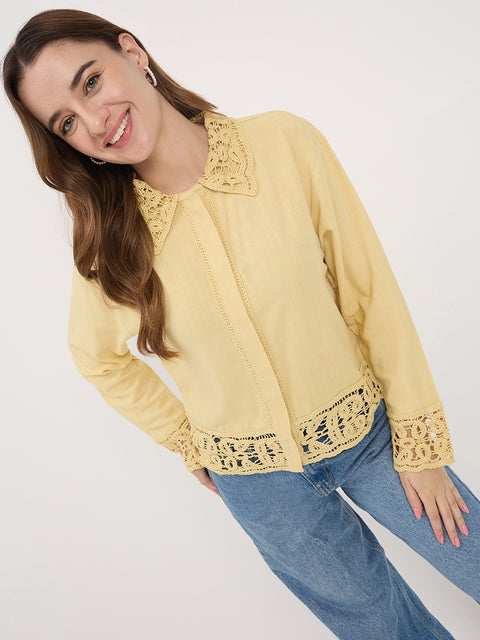 Madame Yellow Lace Detail Rayon Linen Full Sleeve Shirt