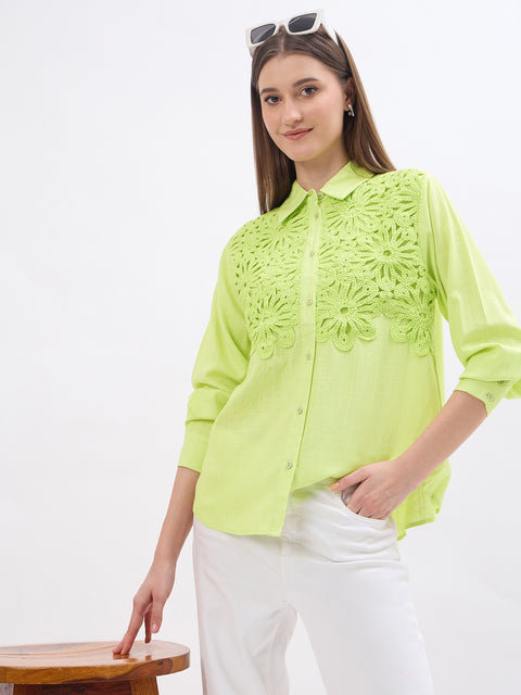 Madame Embroidery Patchwork Pear Green Viscose Shirt