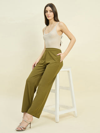 Madame Solid Olive Straight Fit Trousers