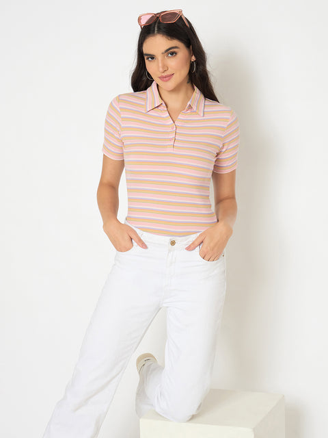 Madame Rayon Blend Striped Pink Polo T-shirt