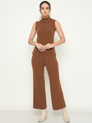Madame Three Piece Solid Brown Knit Co-ord Set