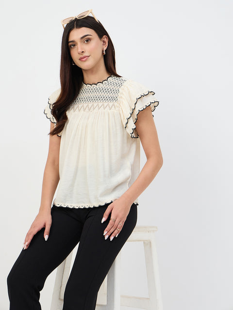 Madame Off-White Scallop-Trim Viscose Gather Top