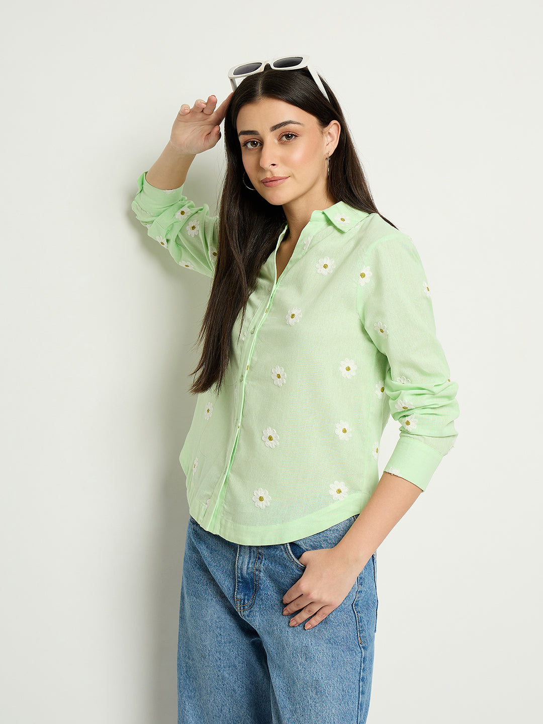 Madame Floral Embroidery Green Cotton Shirt color swatch
