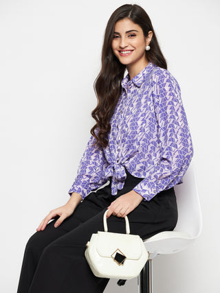 Madame Geometric Print Tie Front Purple Shirt