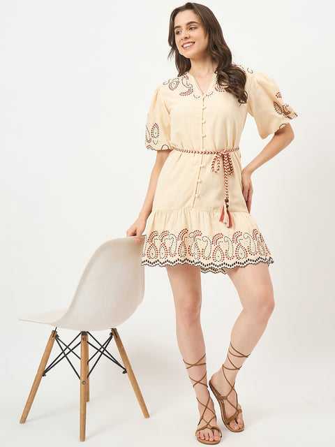 Madame Beige Viscose-Cotton-Linen Blend Dress